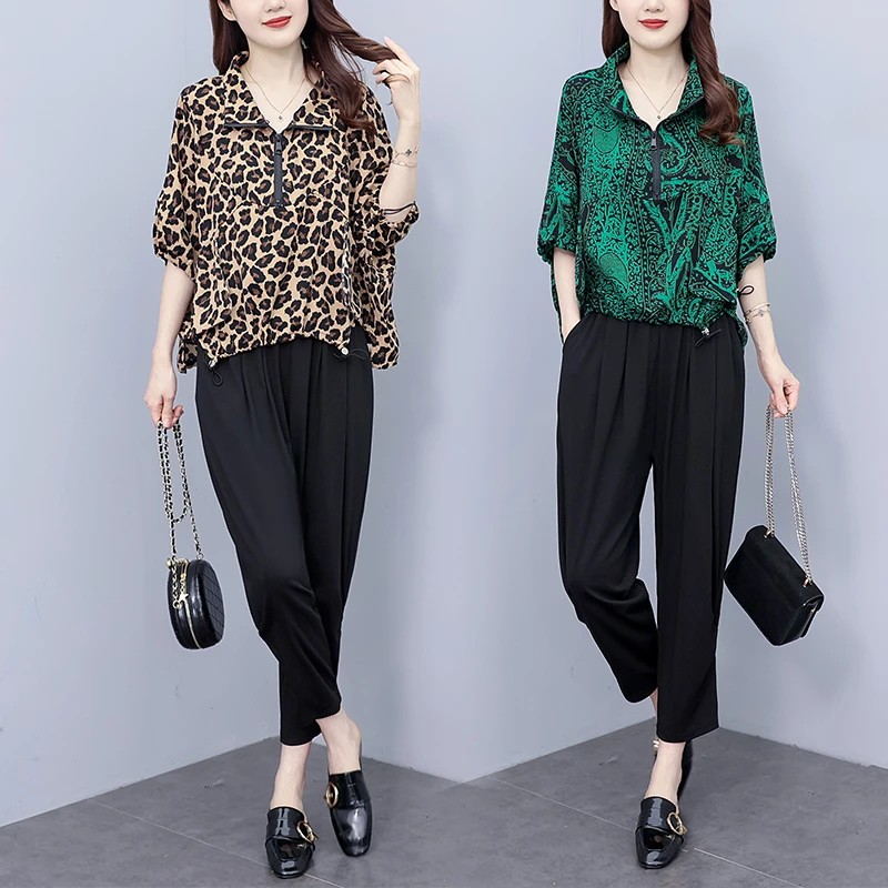 休闲运动套装2023夏季新宽松显瘦半拉链抽绳印花上衣哈伦裤两件套