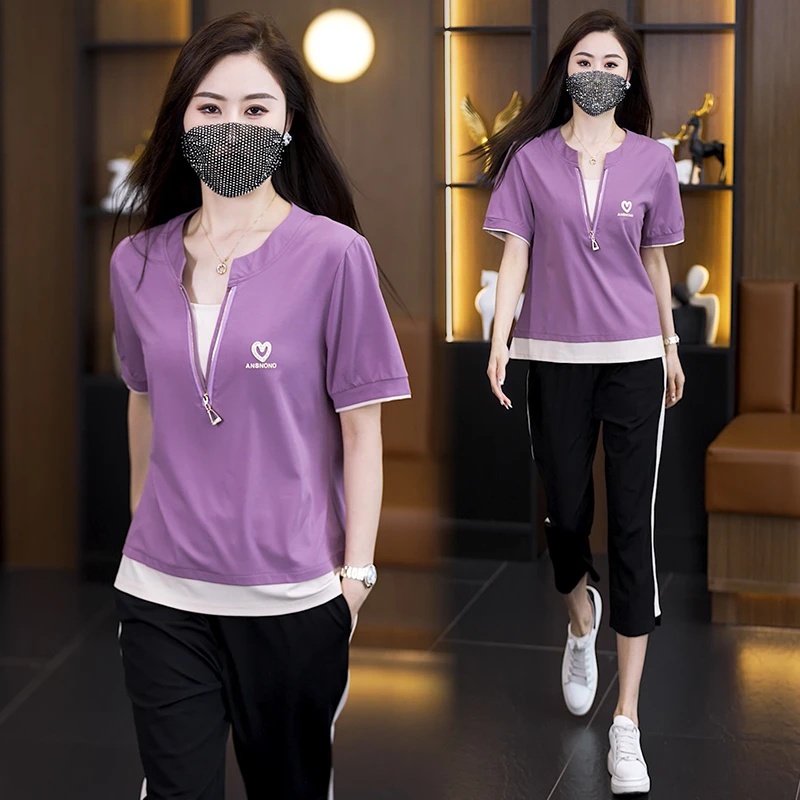 时尚休闲套装2024夏季新款洋气显瘦减龄假两件上衣七分裤两件套