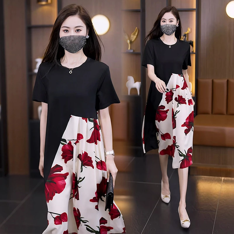 大码女装2024夏新款韩版时尚印花拼接法式洋气藏肉显瘦中长连衣裙