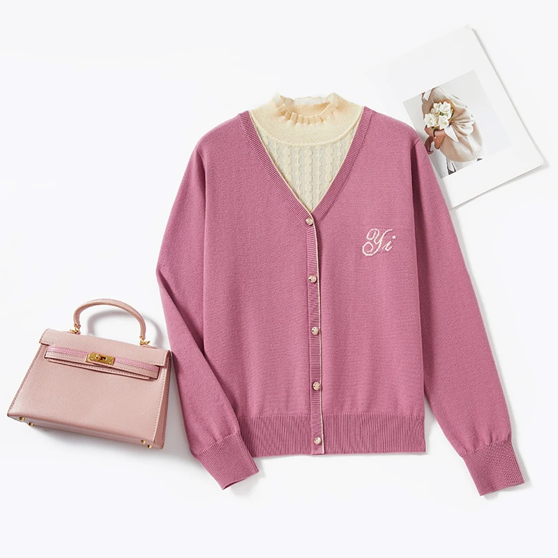 新款假两件木耳花边半高领洋气时尚百搭宽松长袖短款针织衫7799