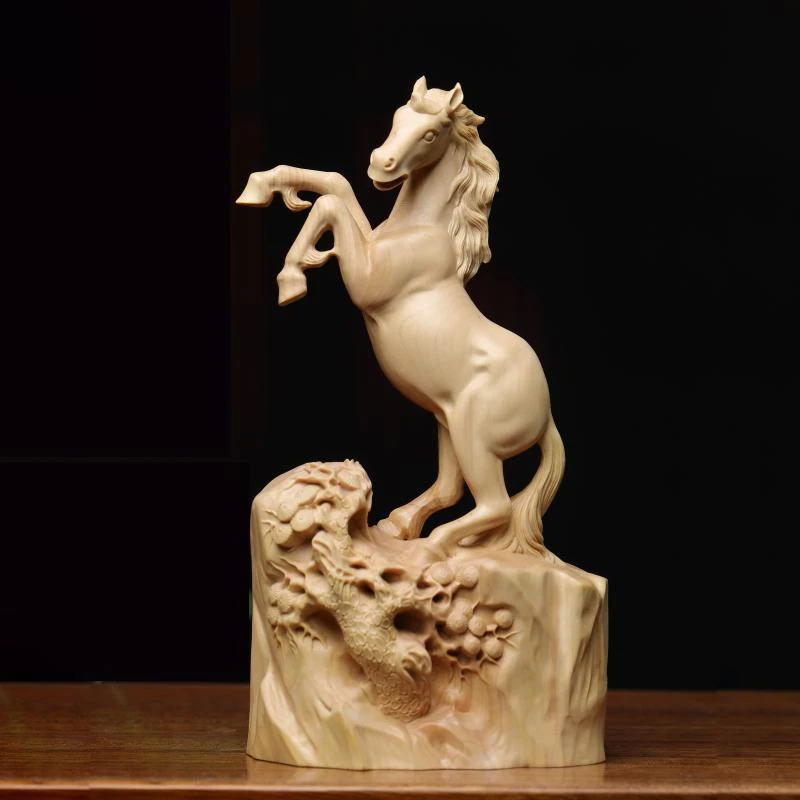 正宗小叶黄杨木雕刻生肖马到成功高档立马摆件文玩家居装饰品送礼