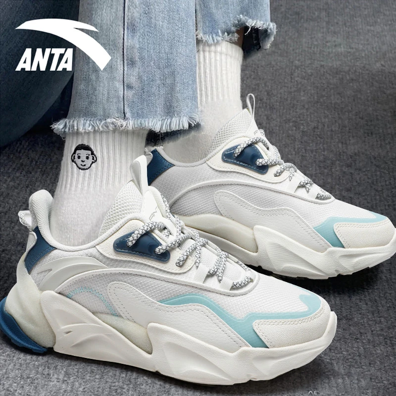 安踏女鞋冬季新款海盐蓝运动鞋2023软底脉冲休闲鞋潮流老爹鞋子女