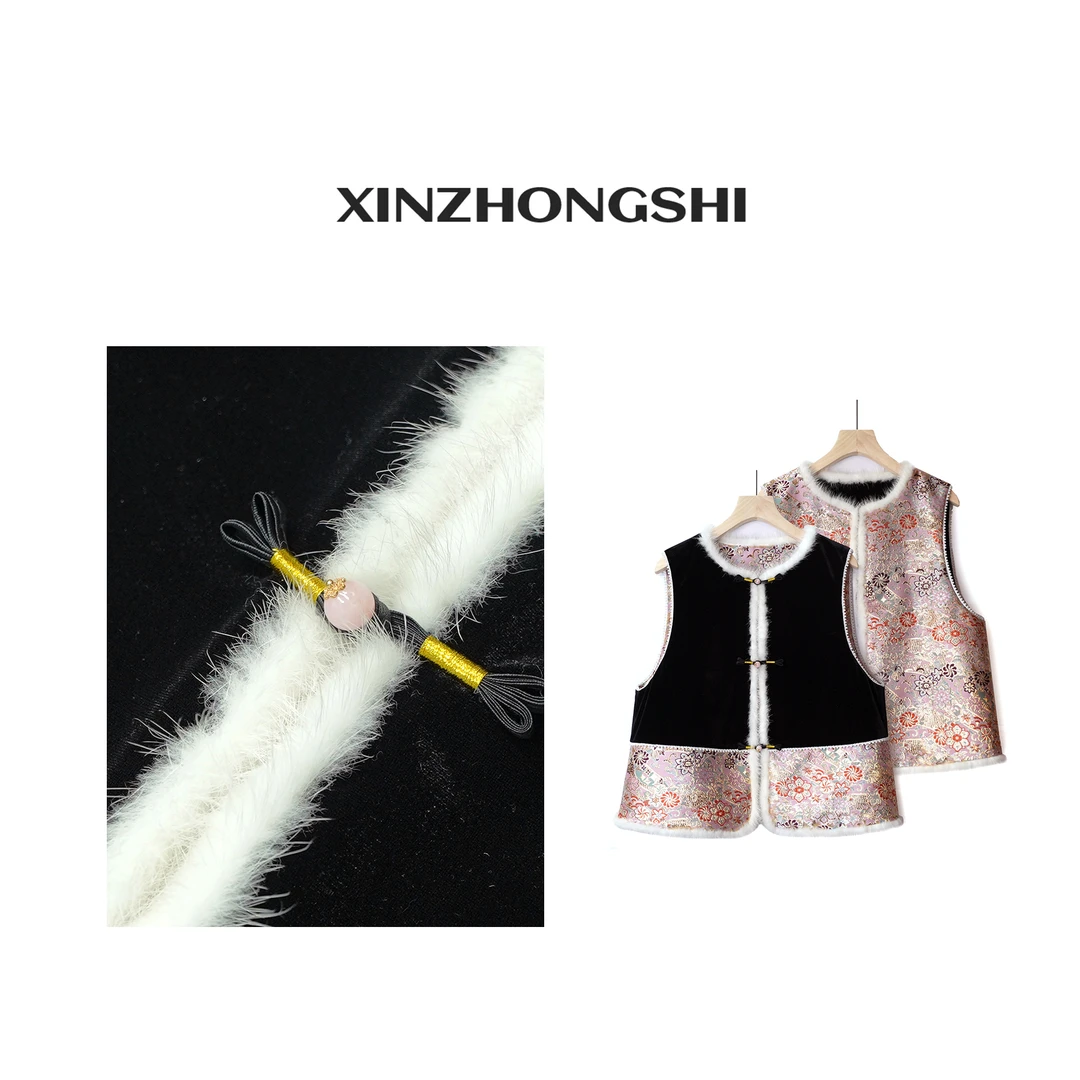 CJ新中式2024秋冬上新双面穿黑色丝绒提花马甲FB24102401