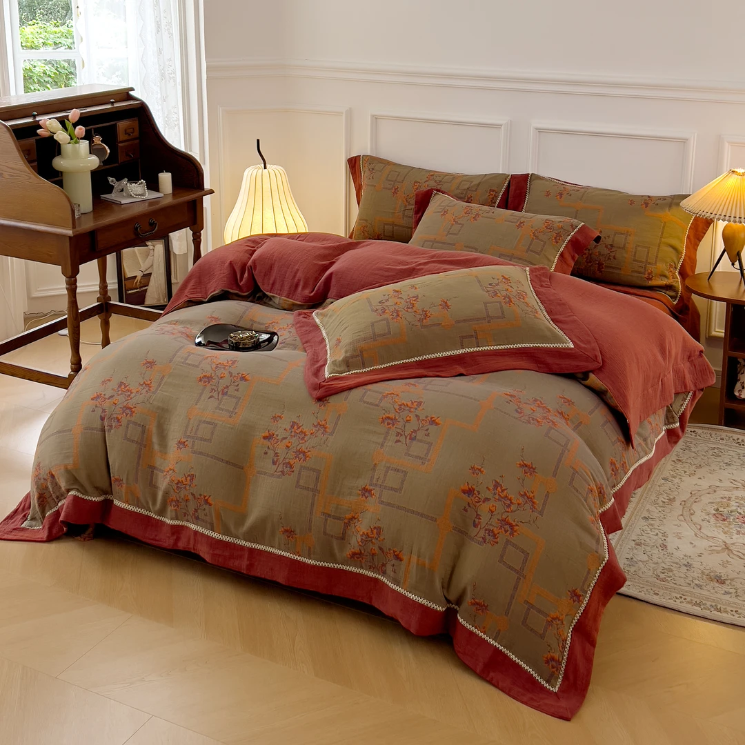 【岸芷汀兰】专柜定制宽边镂空款双层纱亚麻四件套床上用品被套床品