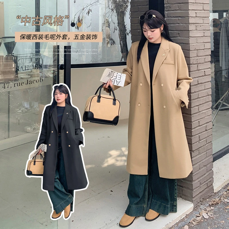 大码胖mm韩版显瘦正肩气质简约毛呢大衣外套