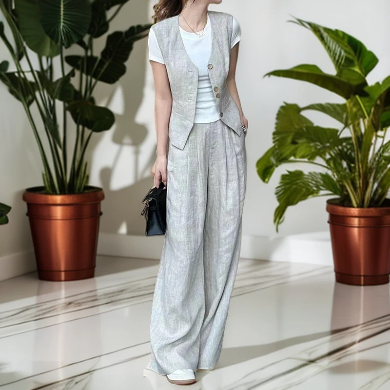 小个子穿搭休闲时尚2025夏季新款高级感气质显瘦马甲高腰阔腿裤子