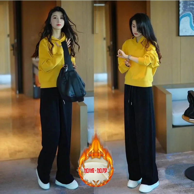 小个子显高气质休闲穿搭一整套时尚高档连帽卫衣直筒裤两件套女装