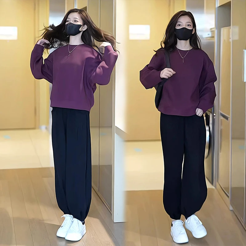 显瘦休闲纯色圆领卫衣裤套装女2024早秋套头上衣束脚裤两件套