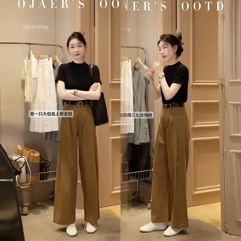 法式简约修身短袖T恤女夏季小香风微胖显瘦高腰阔腿裤一整套装女
