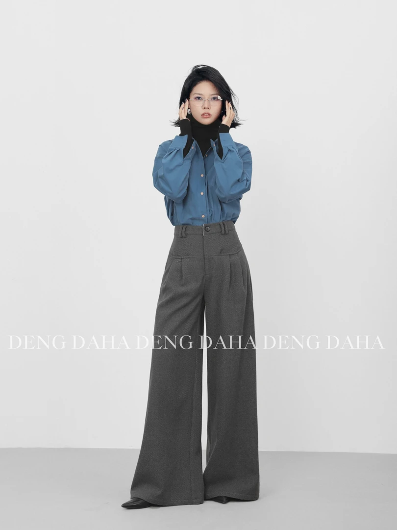 2025秋季复古高腰阔腿裤女简约气质显瘦显腿长休闲裤HBZC641131