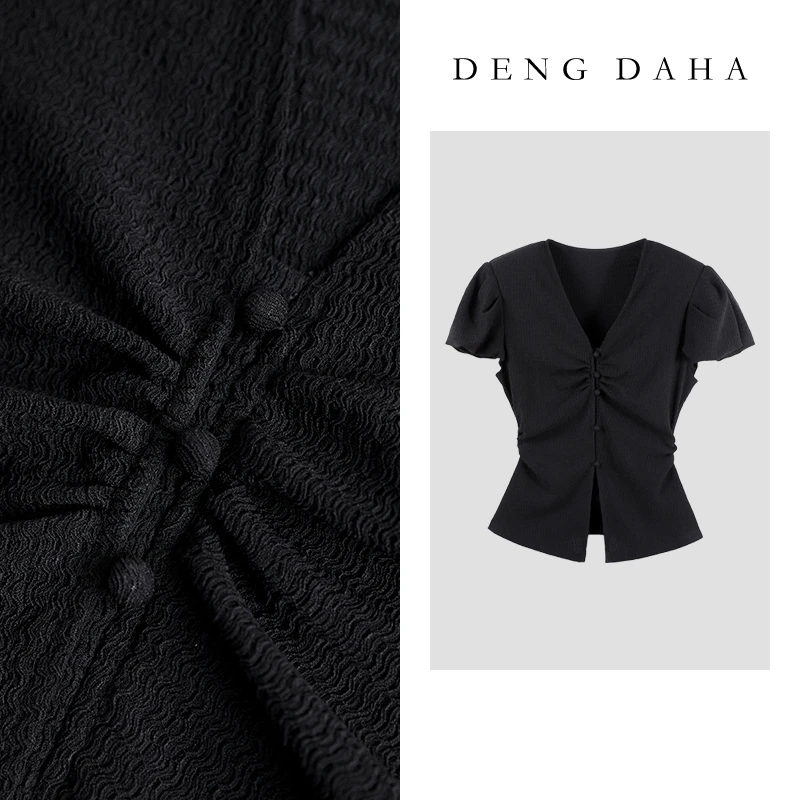 「加州日记」2024新款V领设计褶皱修身收腰上衣HBZC641024 nnassa