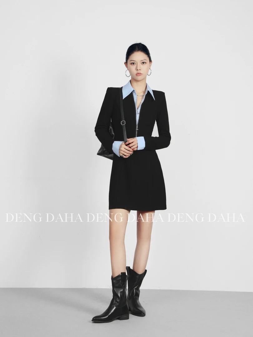 T「挪威街区」 2024新款法式假两件撞色成人连衣裙HBBC643051