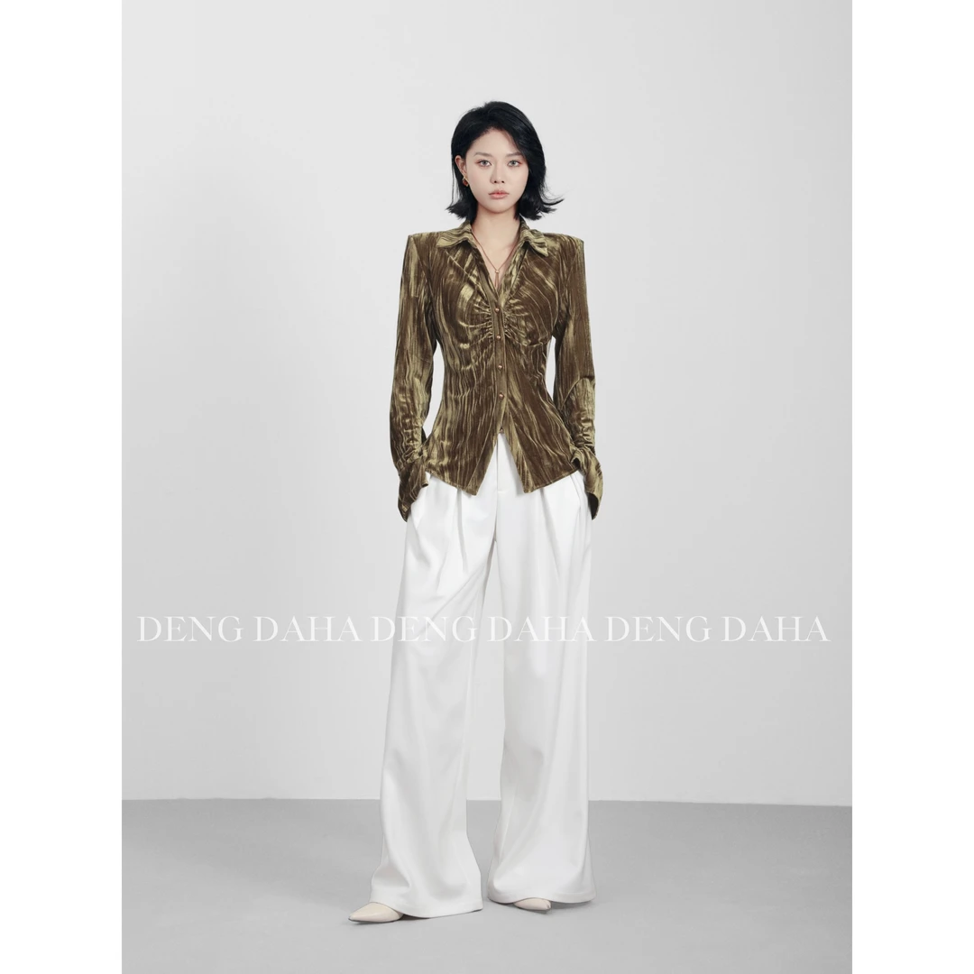 「倩影佳人」新款法式褶皱收腰长袖衬衫上衣HBZC622116 nnassa