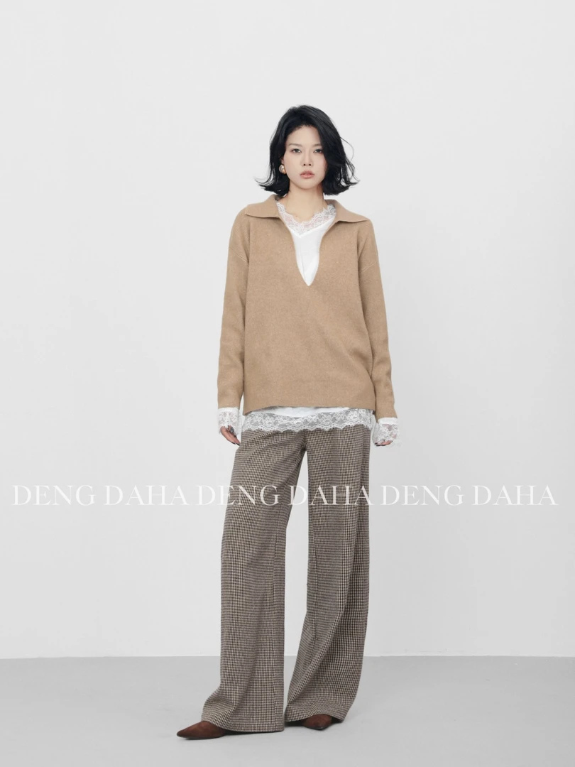 「百搭蕾丝」2024秋季翻领宽松蕾丝拼接长袖上衣 HBZC641146 nnassa