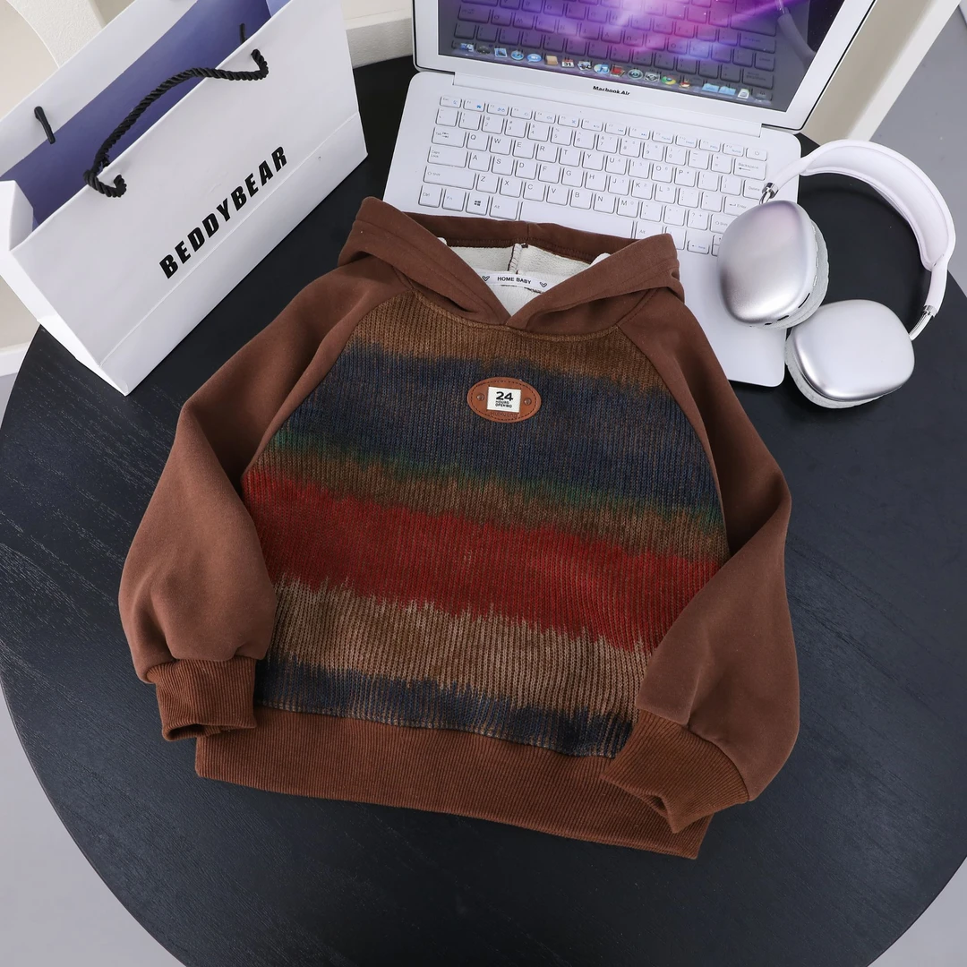 【现货】毛衣拼色连帽男童加绒加厚奥粒绒中大童卫衣