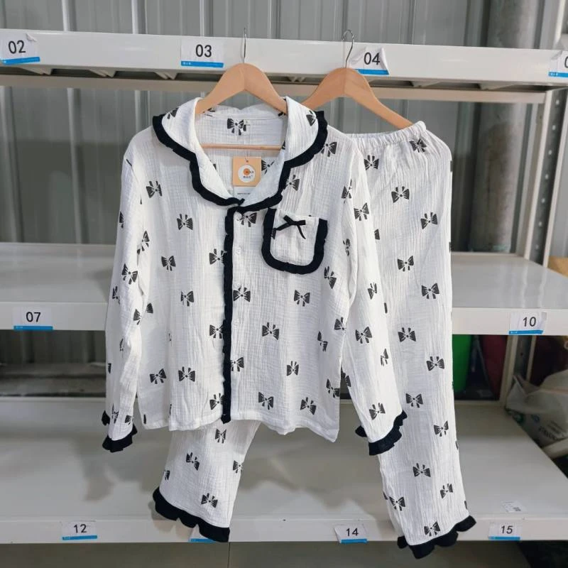 睡衣女士泡泡纱两件套大码纯棉家居服薄款印花套装蝴蝶结