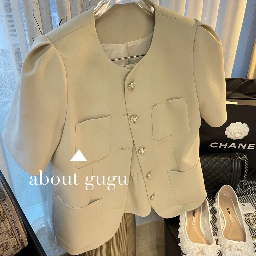 【古古】杏仁套装  小香风西装+半裙22247