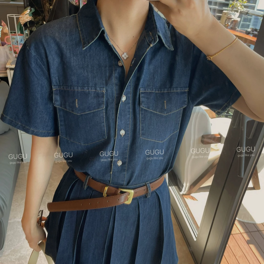 【古古】05.14新品 夏季韩版休闲短袖牛仔外套+百褶牛仔半裙 G24232