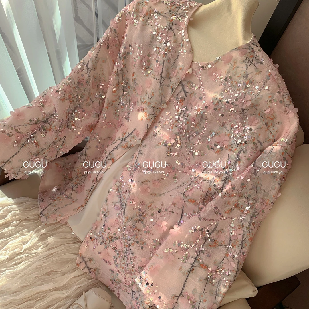 【古古】【樱花劫】特殊面料立体订亮片刺绣工艺夏季上衣女外套G24105