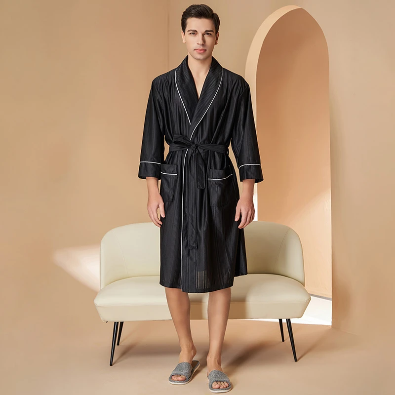 男士睡袍夏天休闲黑色开衫青年男款家居服夏季长款睡衣四季款浴袍