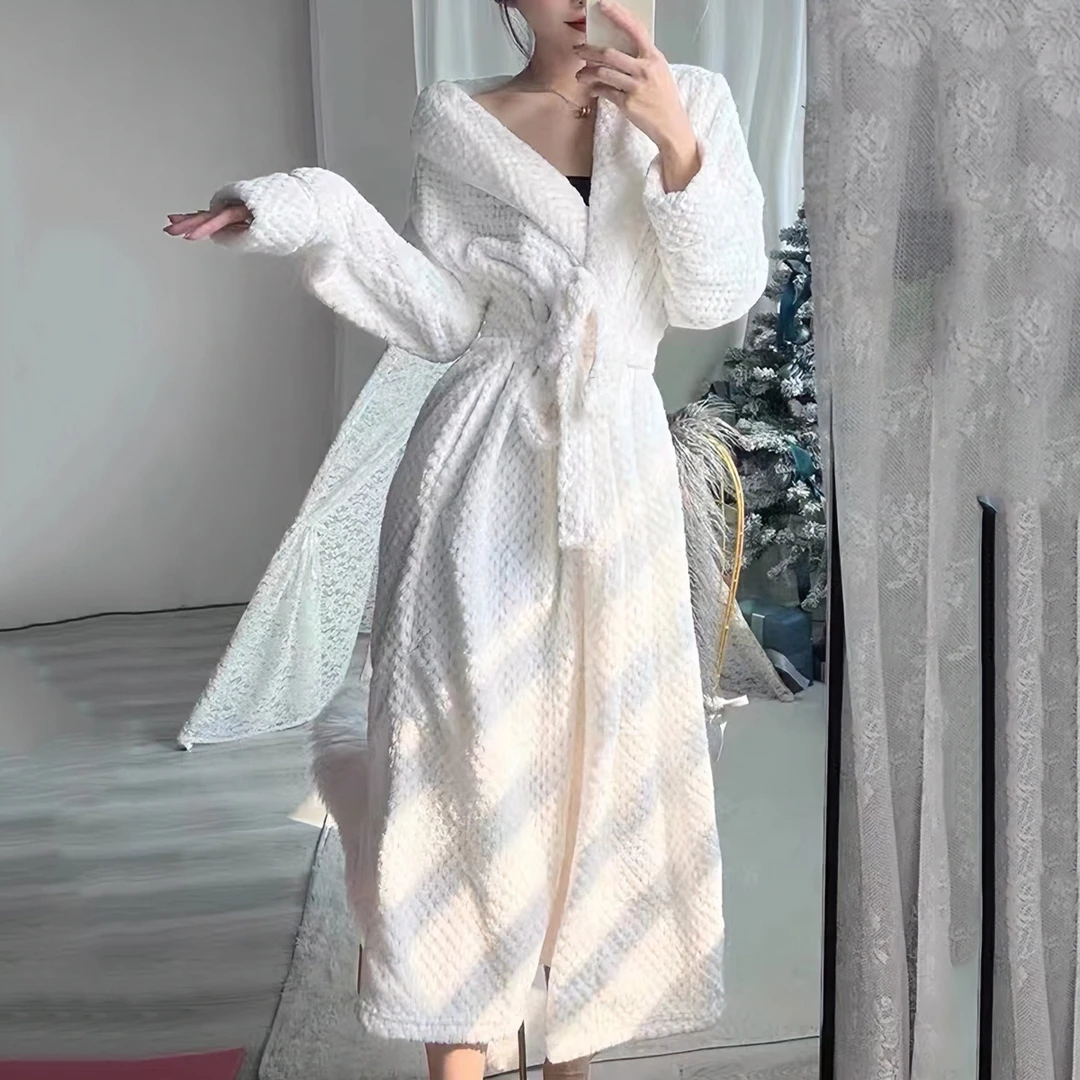 高档五星级酒店秋冬季性感浴袍睡衣白色睡袍加厚长款女珊瑚绒长袍