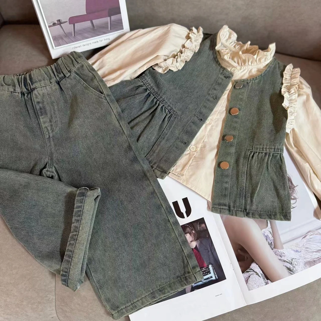 女童洋气花边牛仔套装春秋季2025新款时髦中小童三件套儿童秋装潮