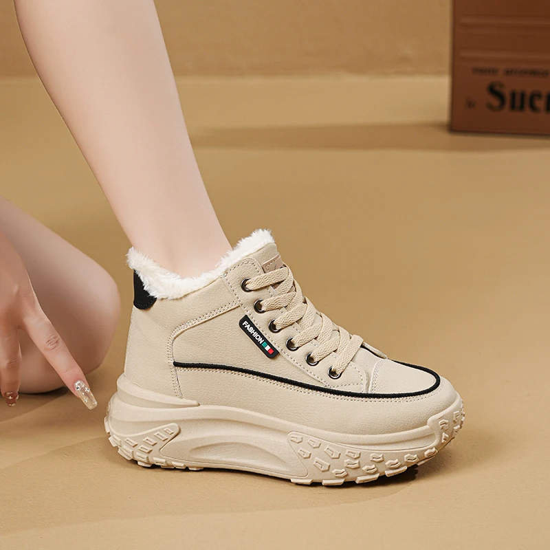 冬季新款加绒保暖高帮棉鞋老爹鞋2024休闲防水防滑厚底女鞋雪地鞋