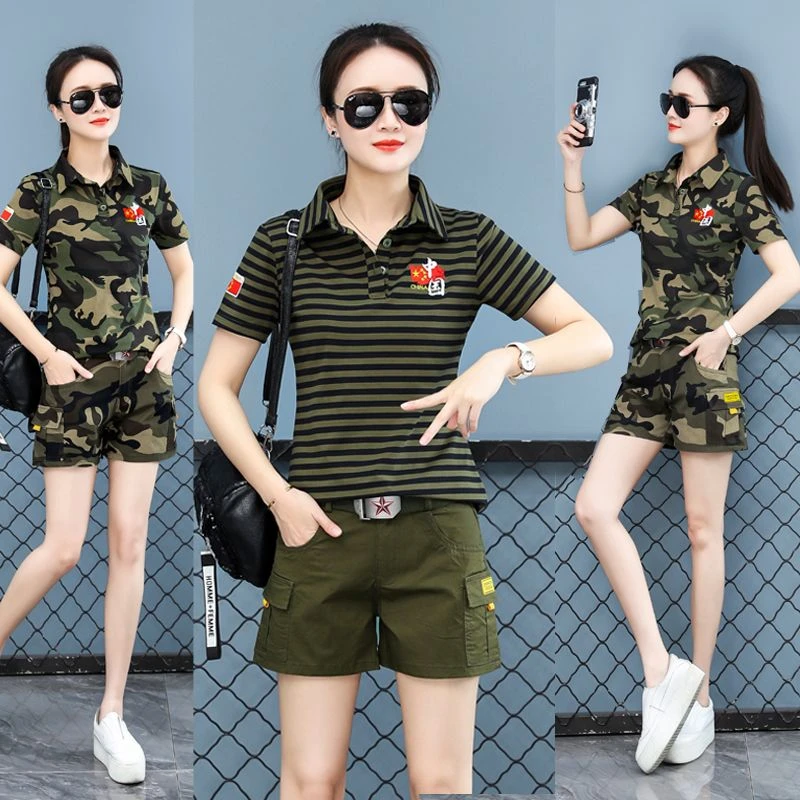 夏季2024迷彩短袖t恤女翻领条纹短裤三分裤宽松水兵舞服装棉质潮