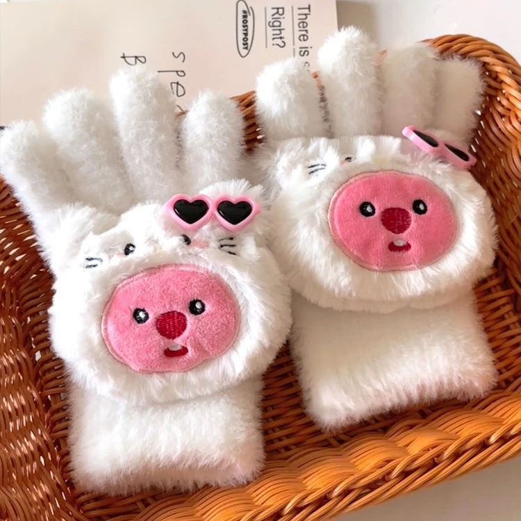 露比毛绒手套女秋冬学生骑车亲子保暖可爱卡通loopy小海狸KT针织