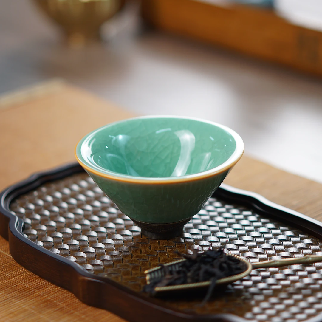 绿色斗笠冰裂主人杯 陶瓷主人杯复古