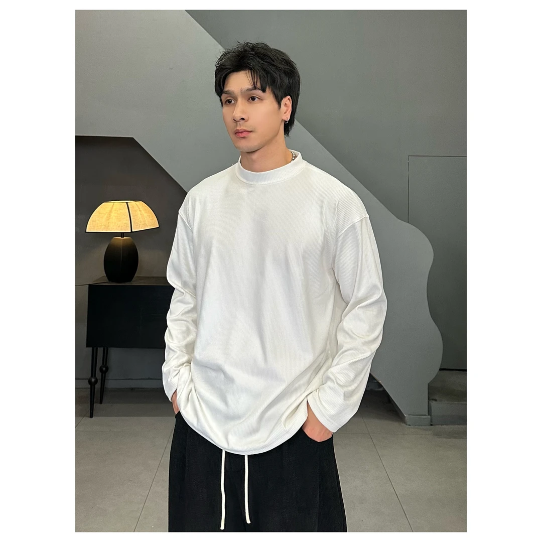 2024冬季重磅宽松垂感半高领打底长袖T恤男百搭休闲纯色内搭上衣