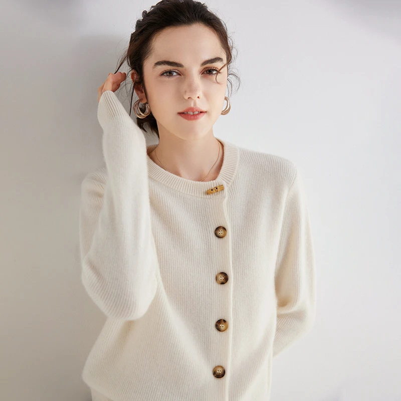 竹节扣圆领斜开衫羊绒针织外套--RZ23014