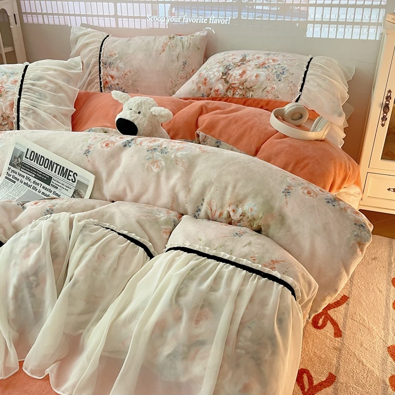 2024韩版保暖蕾丝织带法式牛奶绒四件套防静电不闷汗