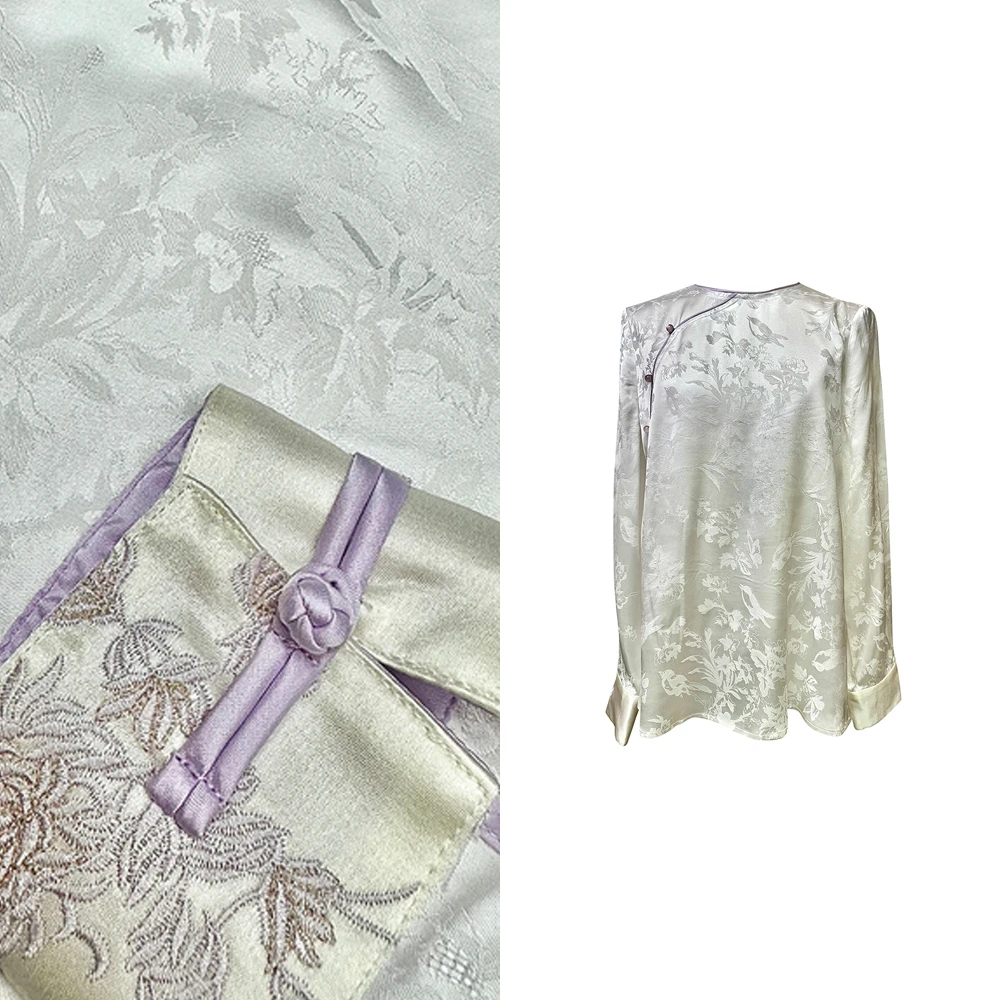 2024春夏新款圆领斜扣盘扣袖口刺绣浮雕提花衬衫上衣61593气质