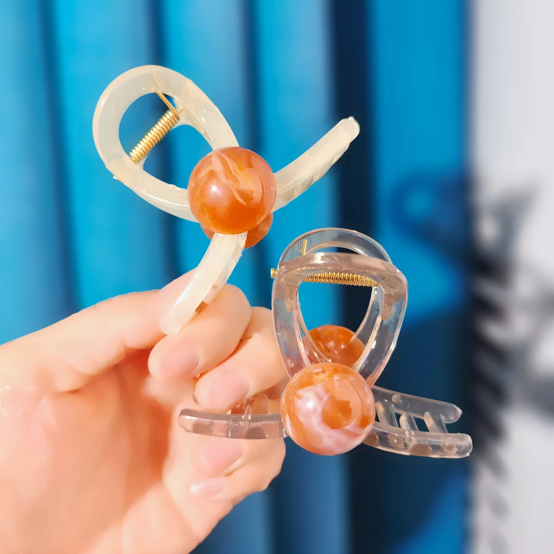 非金属发饰 简约鲨鱼夹头饰复古果冻圆球发夹女后脑勺半扎发抓夹