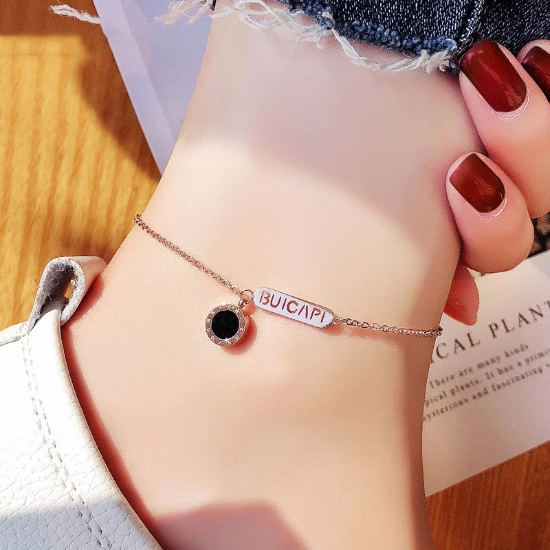 驰锦 钛钢脚链 黑白罗马方牌脚链女2023新款潮高级感ins小众足链