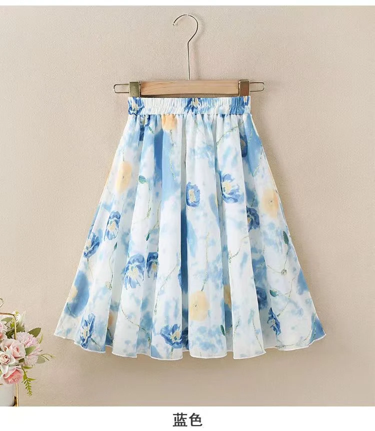 女童半身裙夏 季中大童雪纺百褶裙国风水墨画短裙女装儿童A字学院