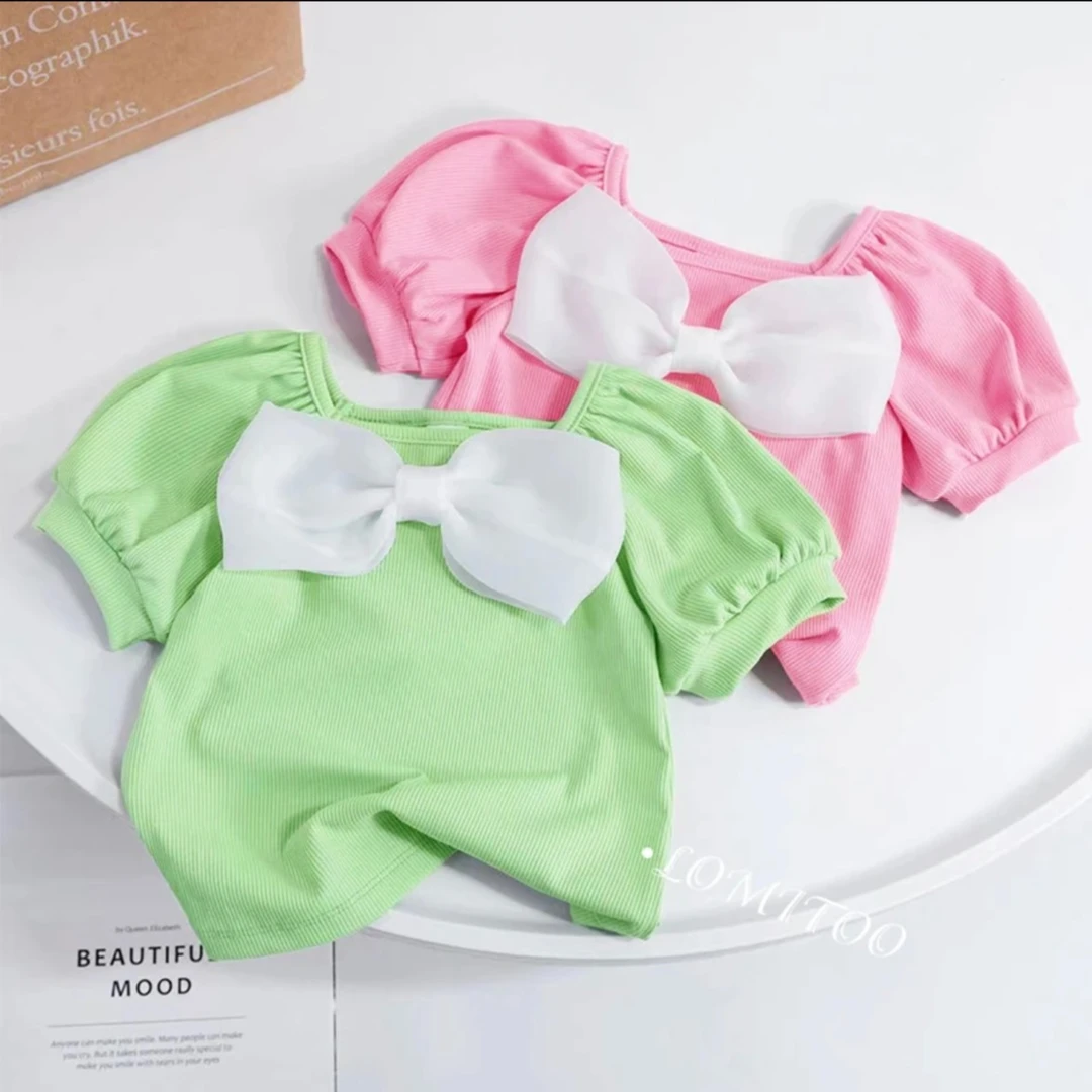 女孩短袖t恤2024夏季新款女宝宝半袖蝴蝶结打底衫夏装泡泡袖上衣