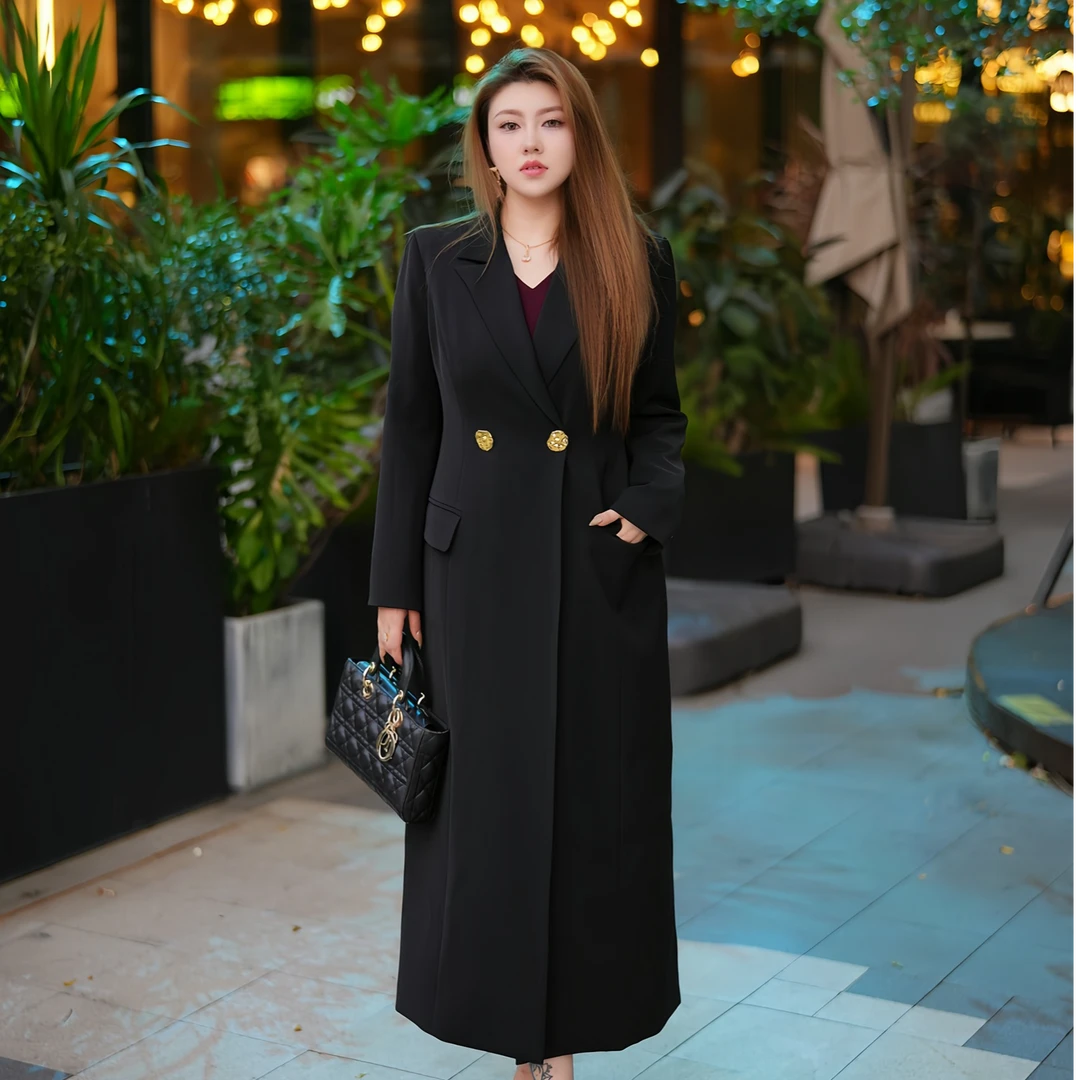 XYD71310熙芸新款纯黑简约质感梭织正肩风衣显瘦百搭外套大码西装