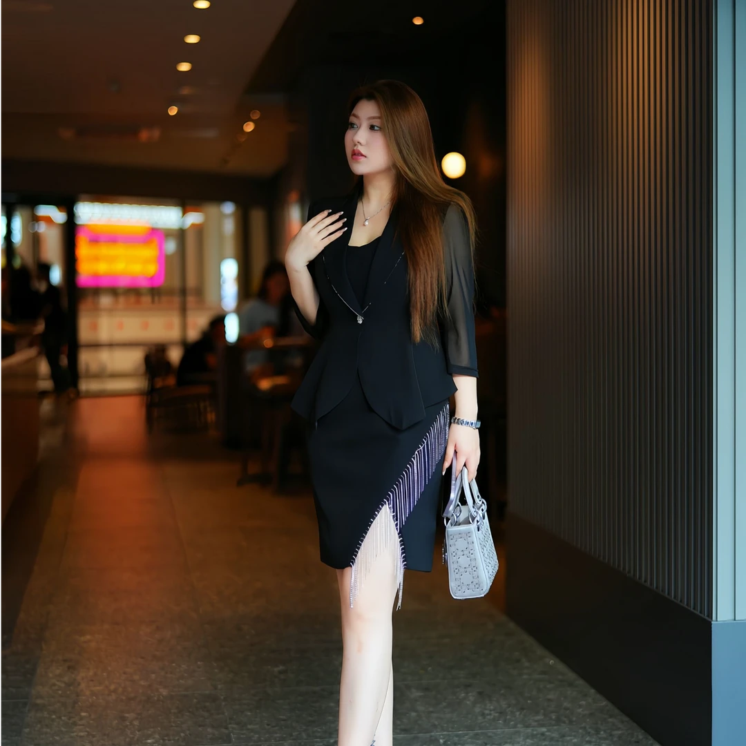 【吊带裙】XYD71166设计感开叉不规则流苏西装大码女装吊带连衣裙