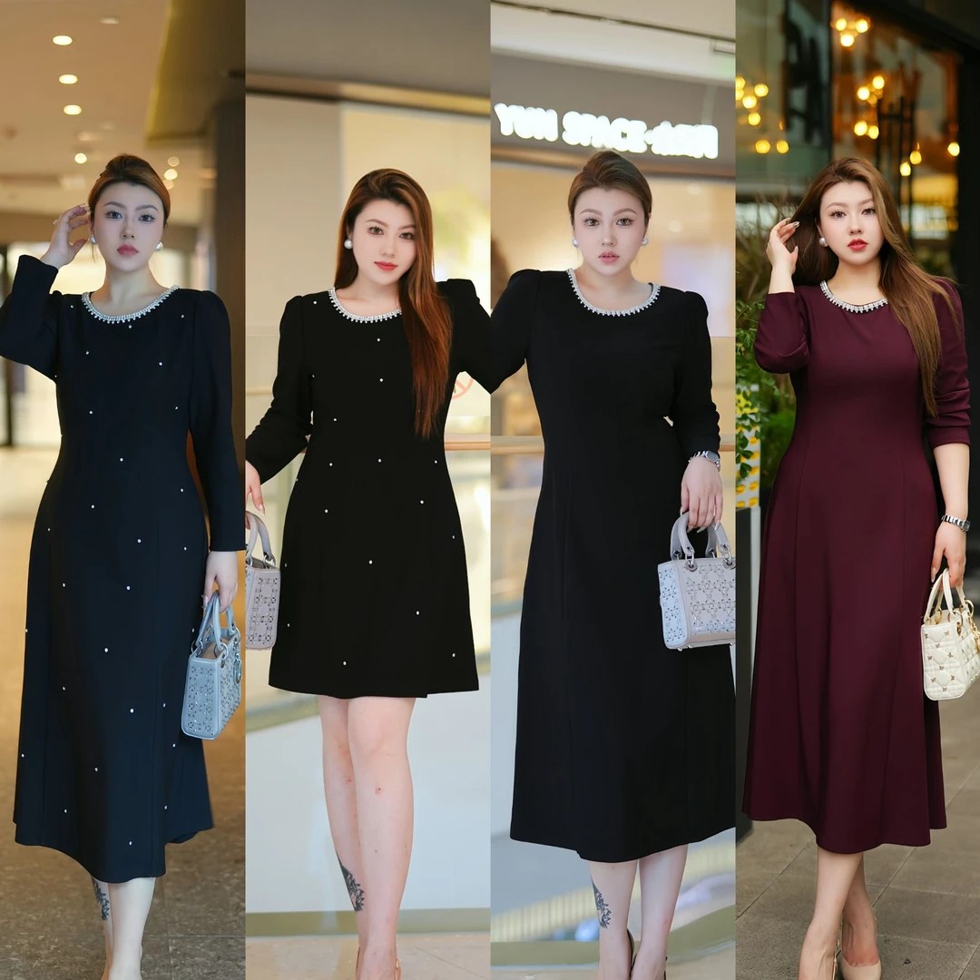 【A摆3】XYD71237/XYD71265赫本镶钻圆领气质贵气钉钻大码连衣裙