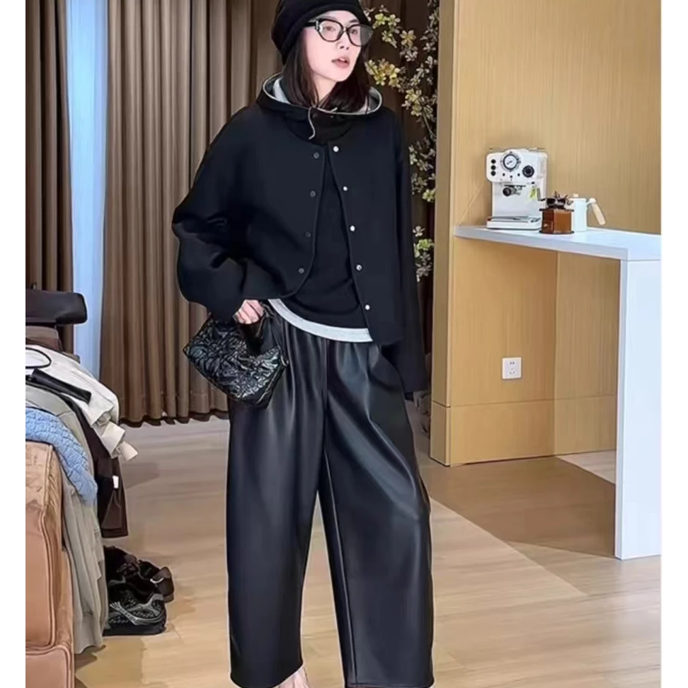 小凉家（T）8848韩版磨毛黑色皮裤蛋白片PU弯刀百搭九分休闲裤女