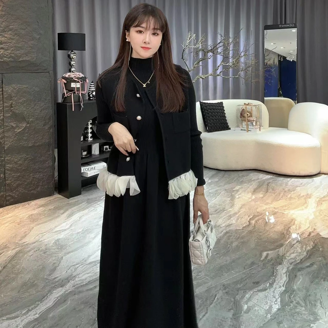 小凉家881秋冬新款韩版高领特色收腰休闲长裙拼接花边马甲两件套