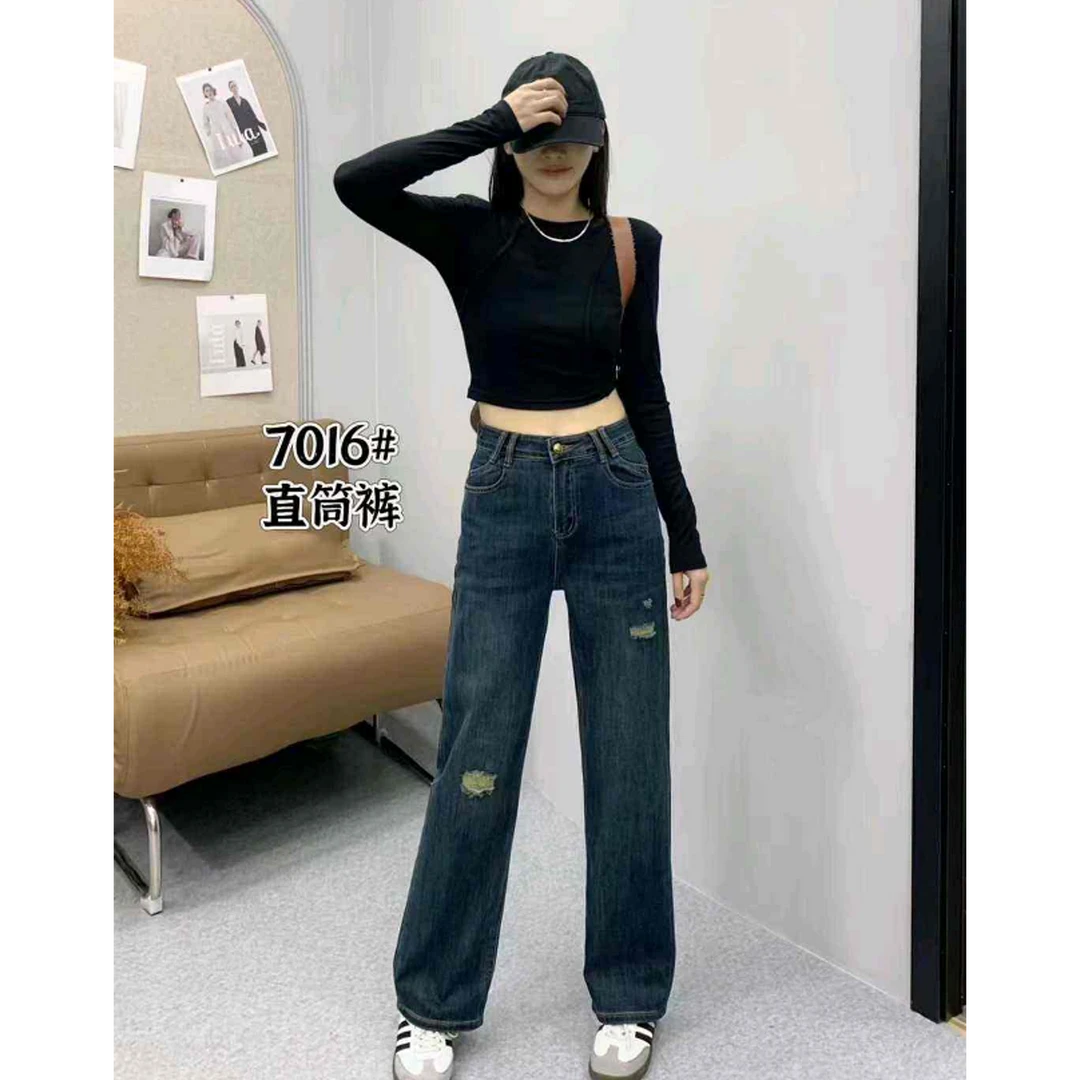 小凉家 （K） 7016新款阔腿直筒复古显瘦破洞牛仔裤女