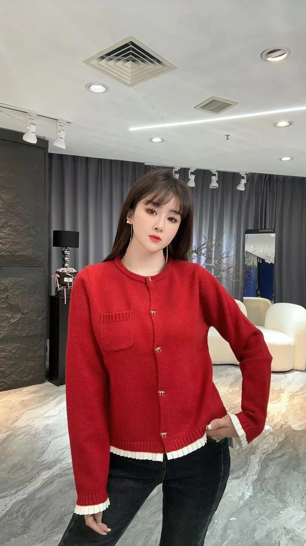 小凉家335*高货毛衣开衫拼接花边圆领针织外套上衣女
