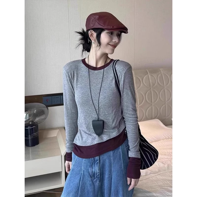 小凉家（T）0026早秋修身显瘦假两件拼色长袖打底针织衫不规则上衣