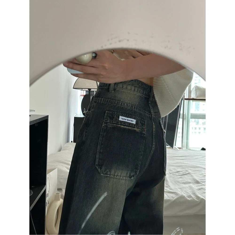 【复古港风】蓝灰色阔腿牛仔裤女秋季新款高腰宽松设计感毛边拖地裤