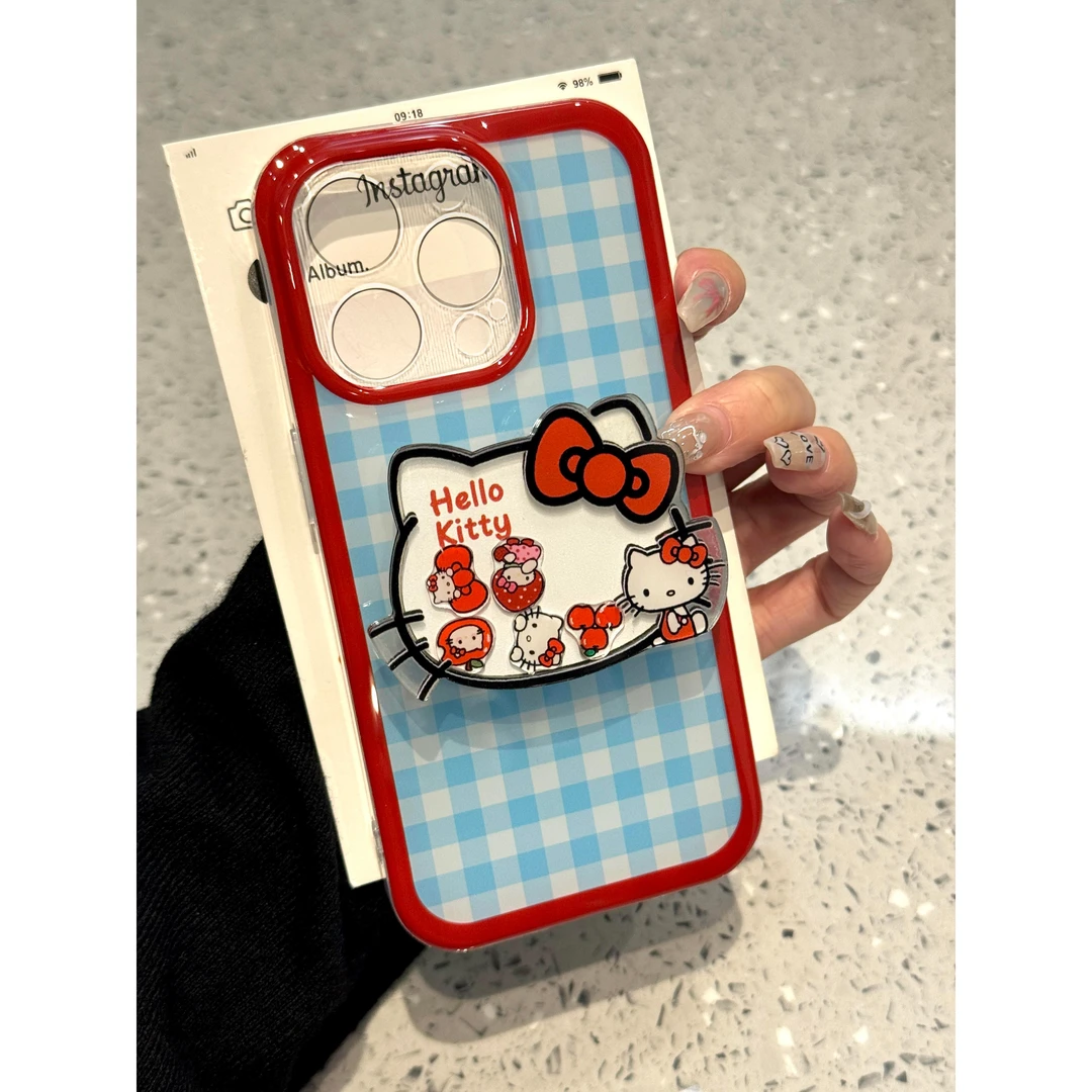 欧克里里红边蓝格纹支架适用苹果16/17手机壳华为vivo小米14oppo