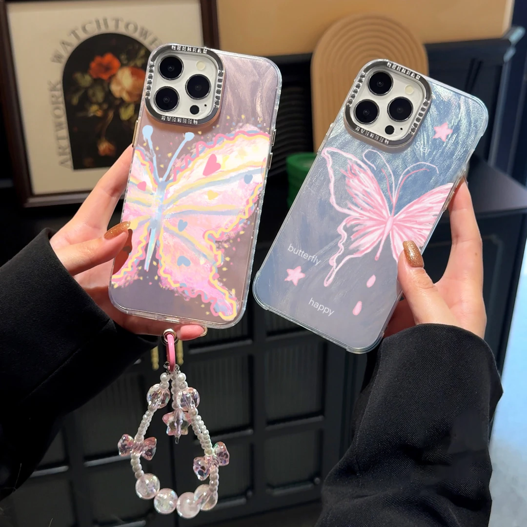 星星粉蝴蝶金属羽纱苹果15promax手机壳iphone13/14仙女款12/11套