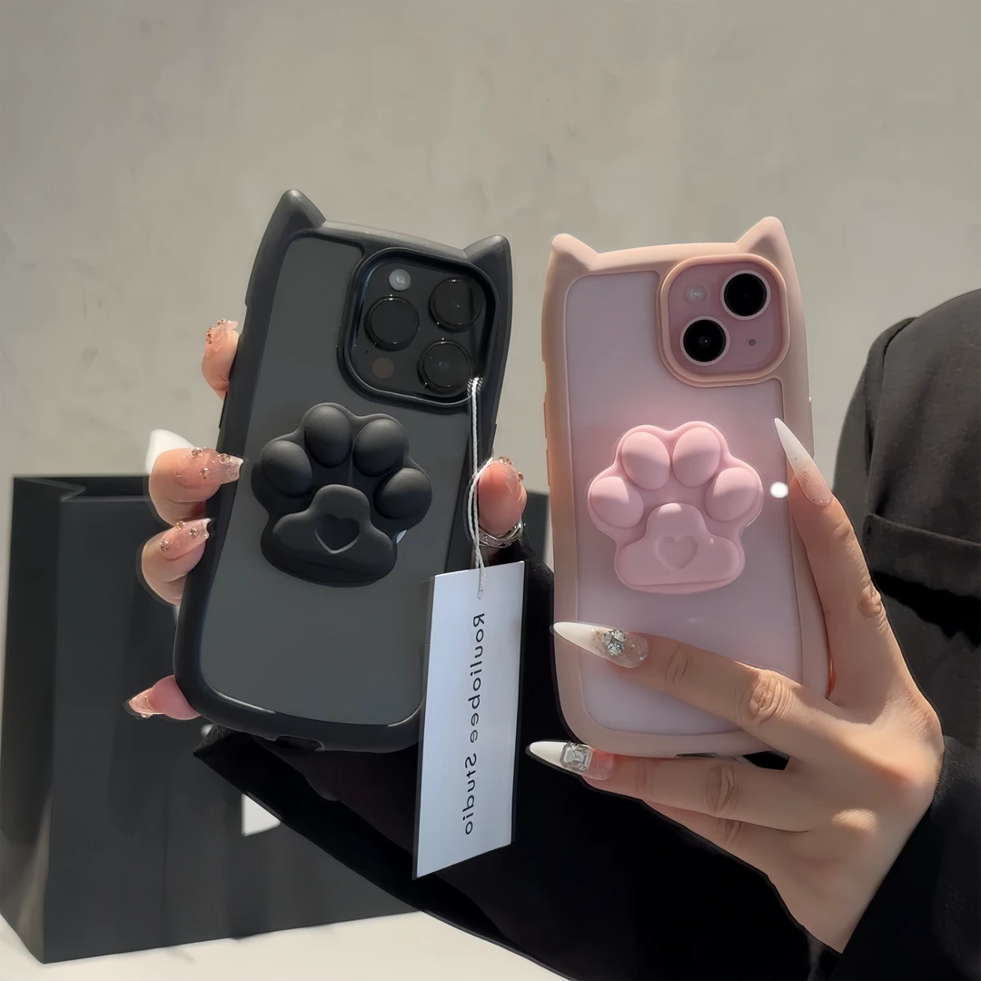 欧克里里ins可爱立体猫爪支架13手机壳苹果15猫耳朵14/13套12/11